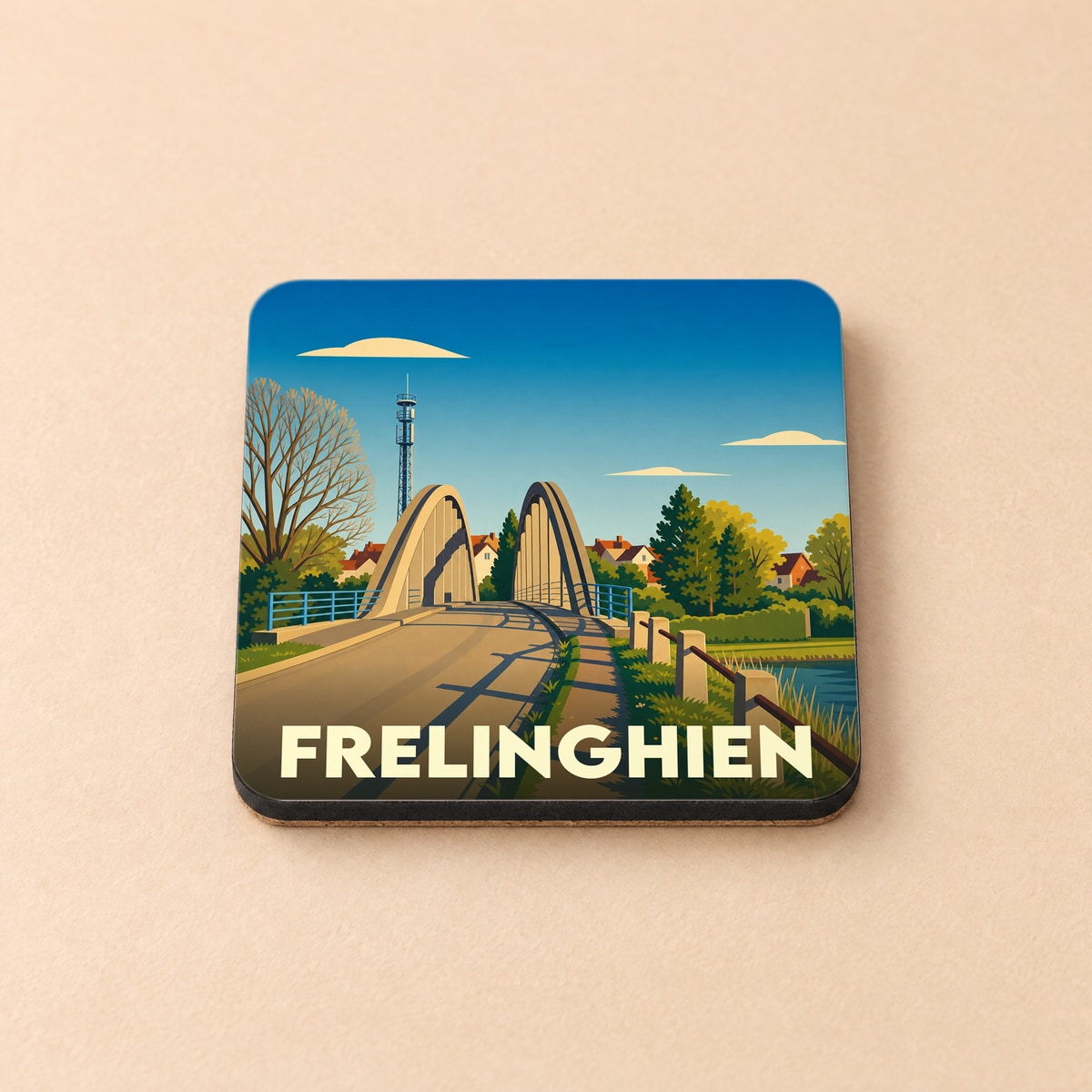 Dessous de verre souvenir de la ville de Frelinghien avec une illustration stylisée d'un pont.