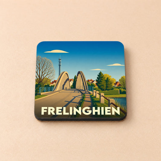 Dessous de verre souvenir de la ville de Frelinghien avec une illustration stylisée d'un pont.