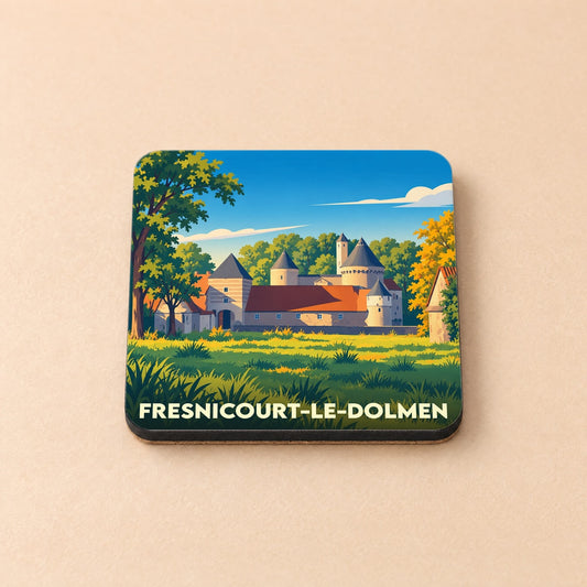 Dessous de verre souvenir de la ville de Fresnicourt-le-Dolmen avec une illustration stylisée de son château.