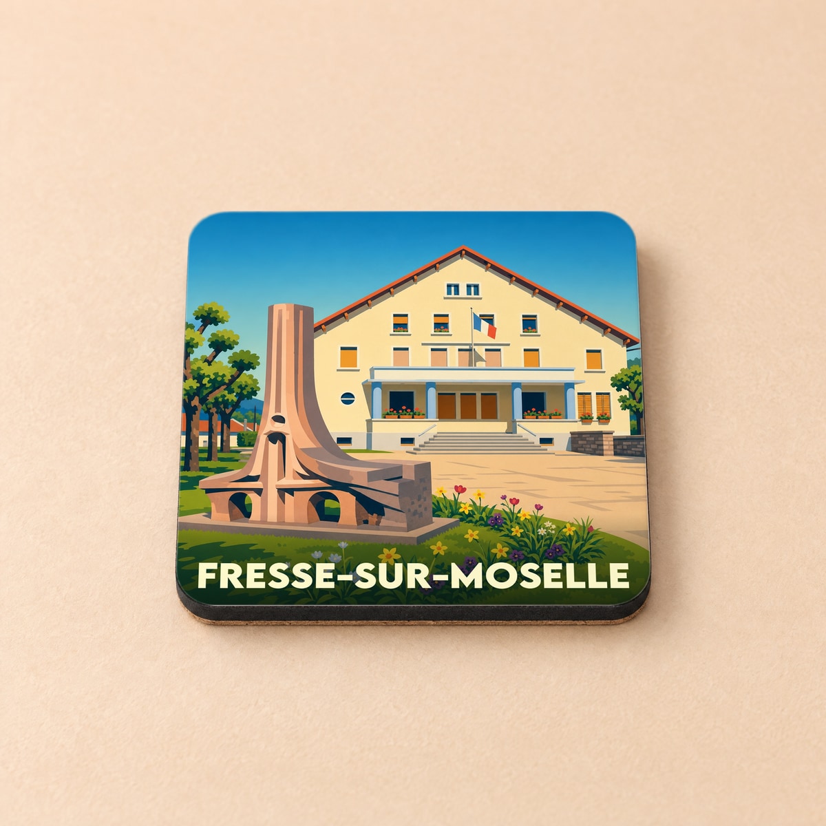 Dessous de verre souvenir de la ville de Fresse-sur-Moselle avec une illustration stylisée de sa mairie.