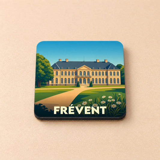 Dessous de verre souvenir de la ville de Frévent avec une illustration stylisée d'un château.