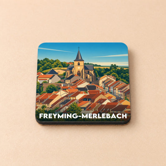 Dessous de verre souvenir de la ville de Freyming-Merlebach avec une illustration stylisée.