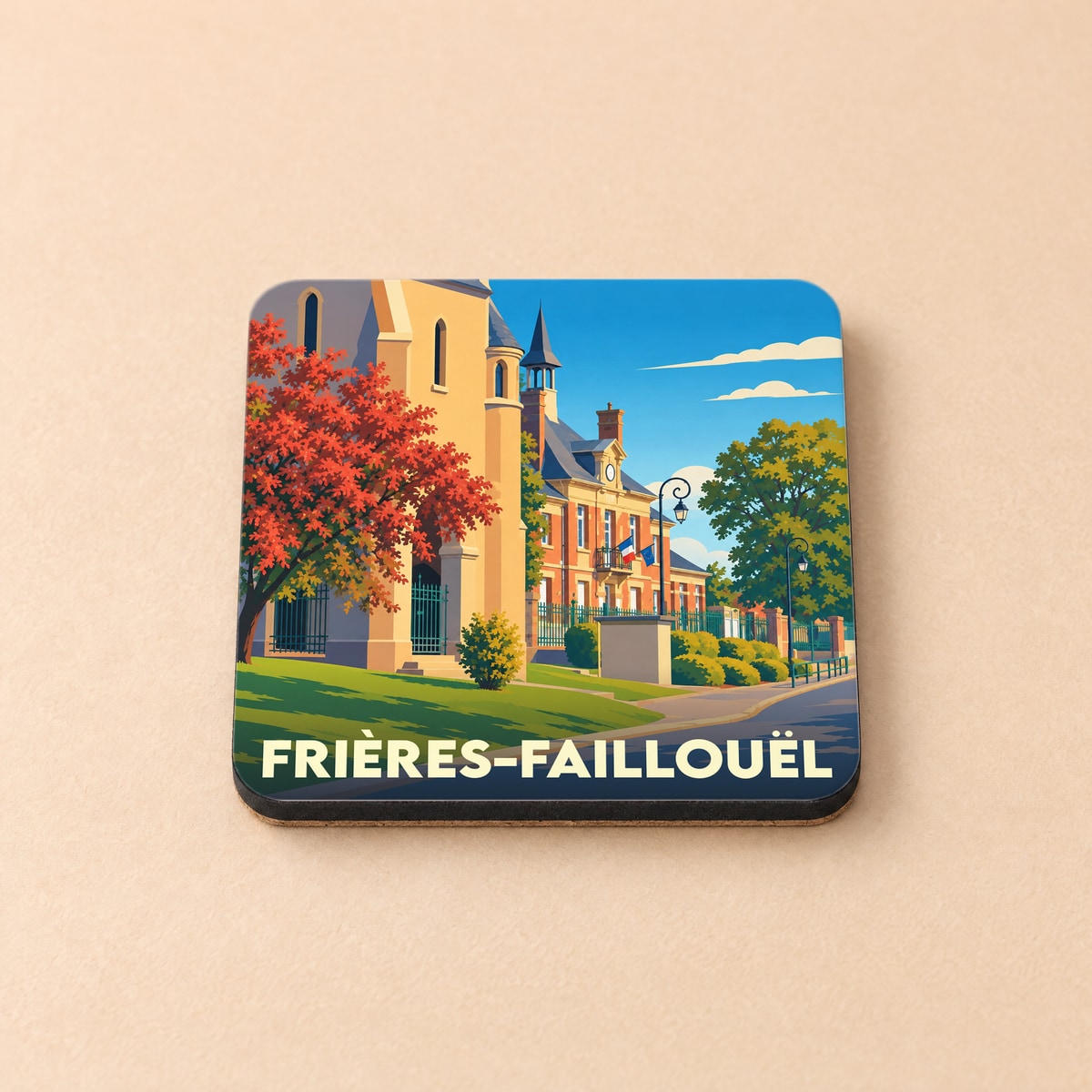 Dessous de verre souvenir de la ville de Frières-Faillouël avec une illustration stylisée de son architecture.