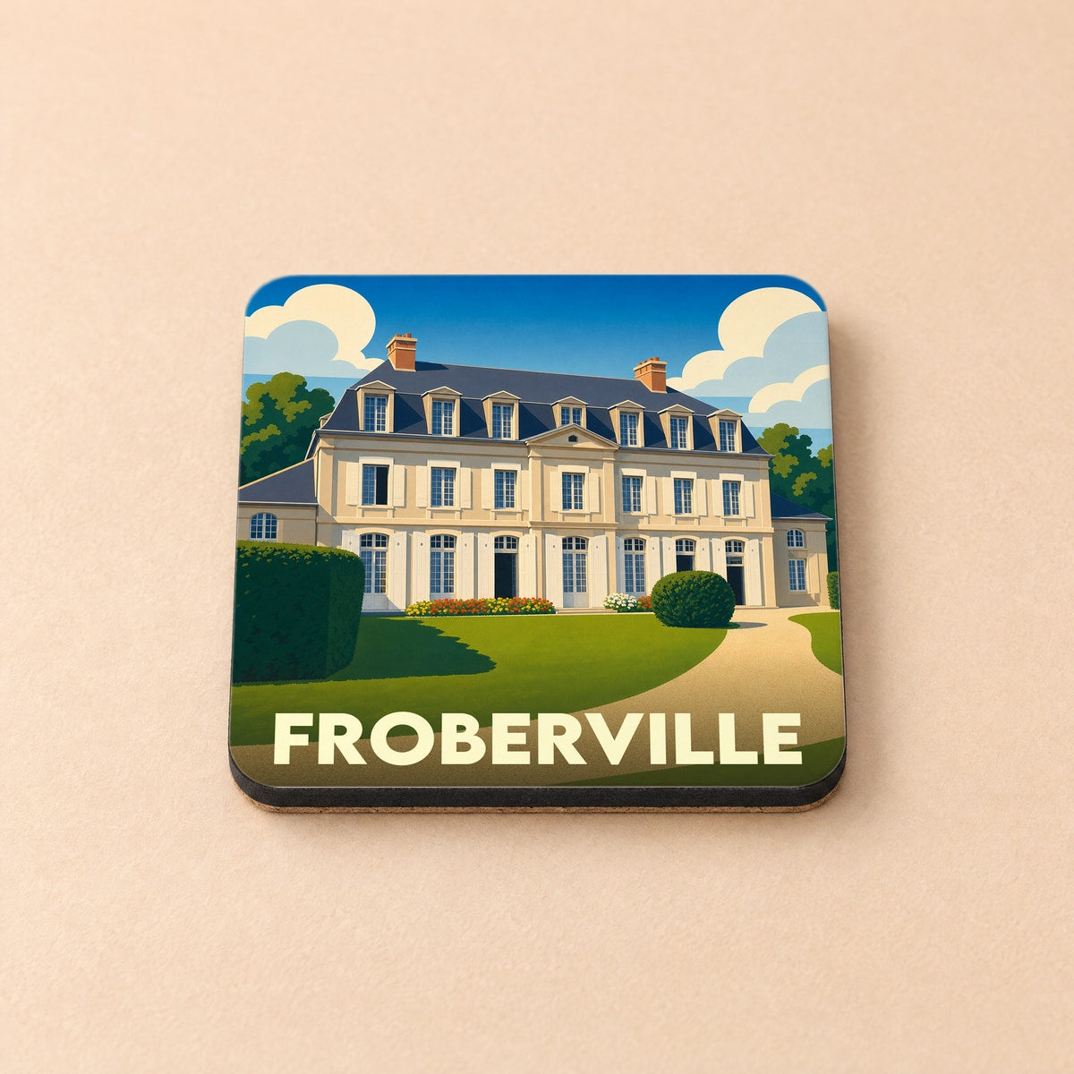 Dessous de verre souvenir de la ville de Froberville avec une illustration stylisée d'un château.