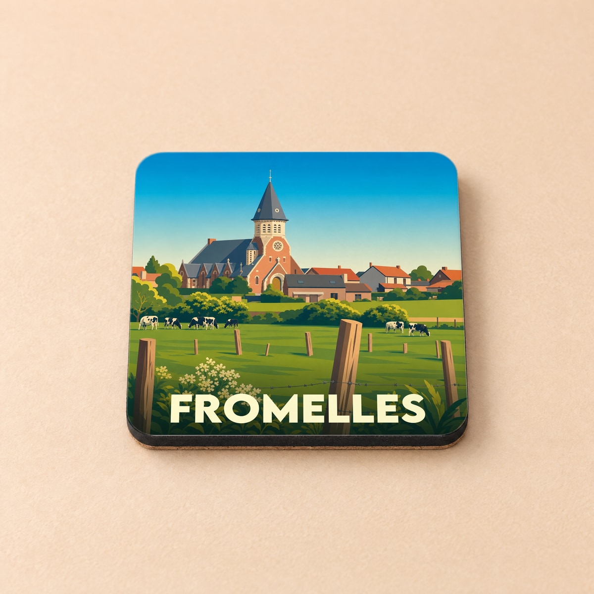 Dessous de verre souvenir de la ville de Fromelles arborant une illustration stylisée de son église et de sa campagne.