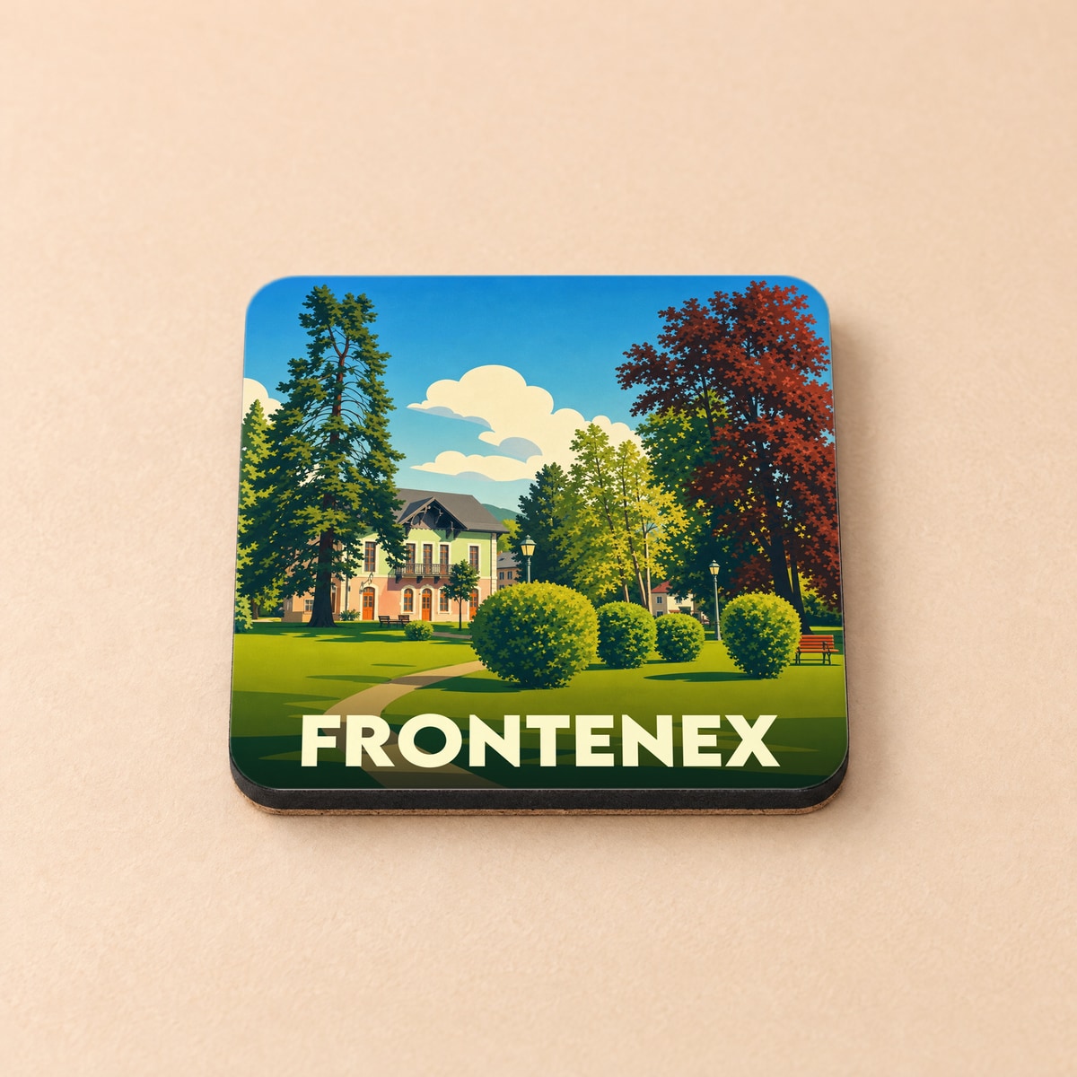Dessous de verre souvenir de la ville de Frontenex avec une illustration stylisée d'un parc arboré.