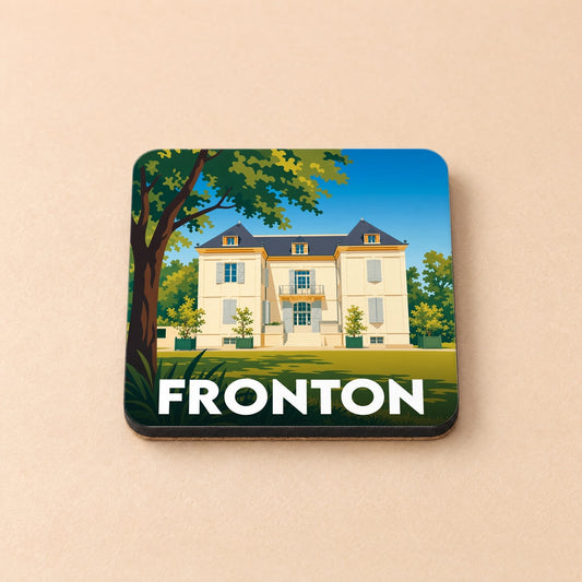 Dessous de verre souvenir de la ville de Fronton avec une illustration stylisée d'un château.