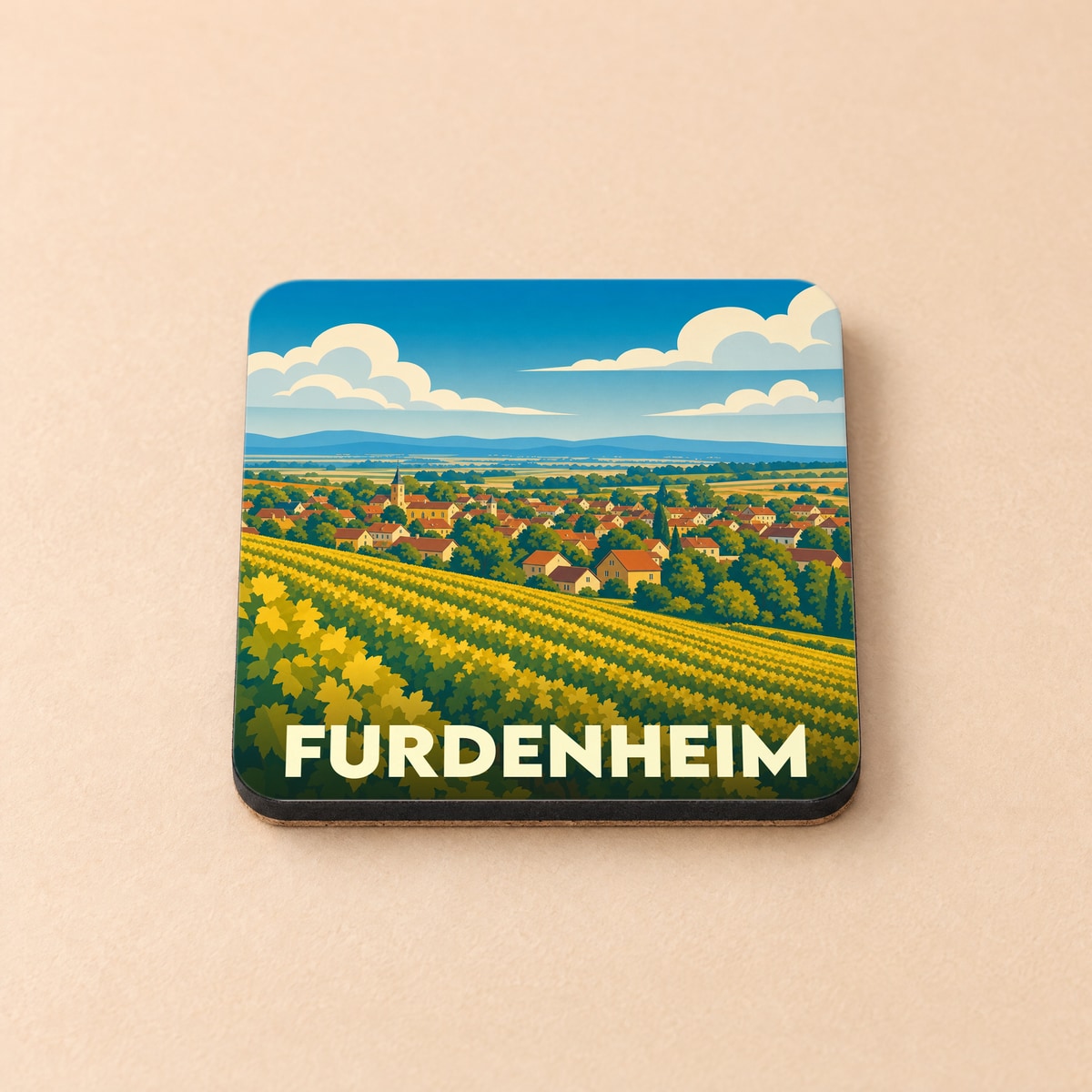 Dessous de verre souvenir de la ville de Furdenheim avec une illustration stylisée de son paysage et de ses vignobles.