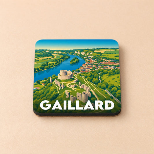 Dessous de verre souvenir de la ville de Gaillard avec une illustration stylisée de son château et de la Seine.