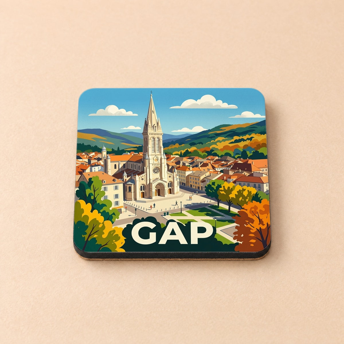 Dessous de verre souvenir de la ville de Gap avec une illustration stylisée de sa cathédrale et des montagnes environnantes.