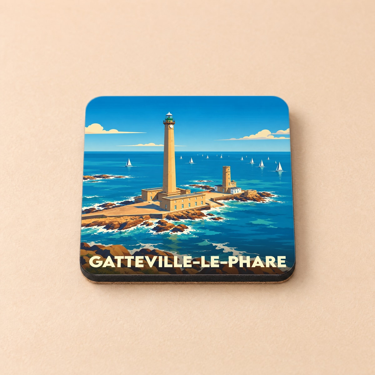 Dessous de verre souvenir de Gatteville-le-Phare avec une illustration stylisée du phare et de la mer.