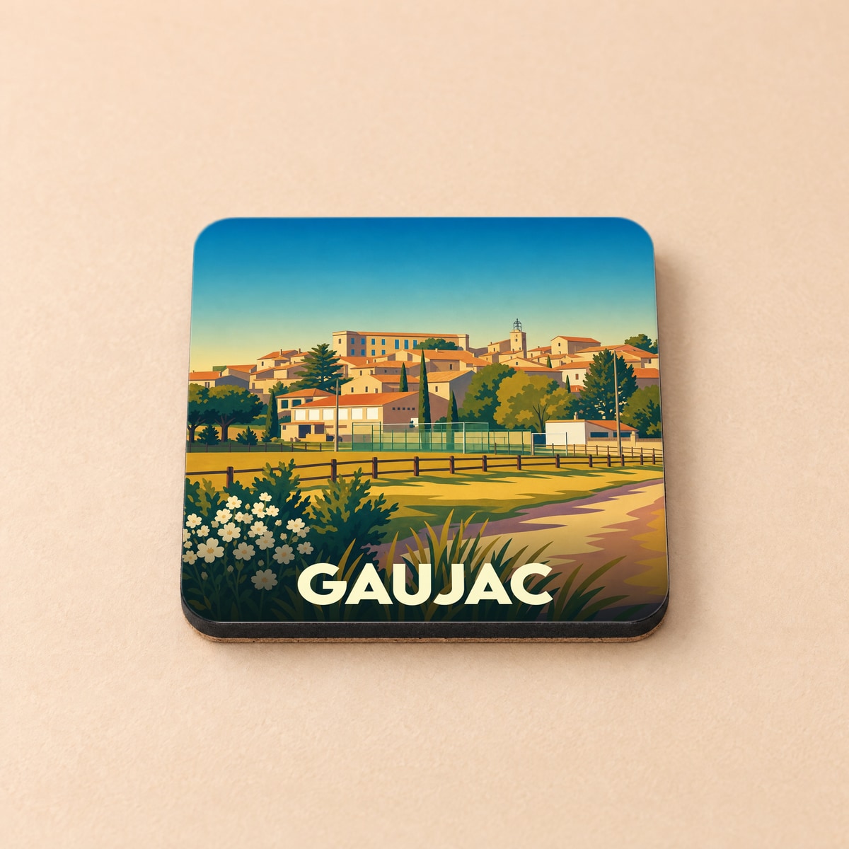 Dessous de verre souvenir de la ville de Gaujac avec une illustration stylisée.
