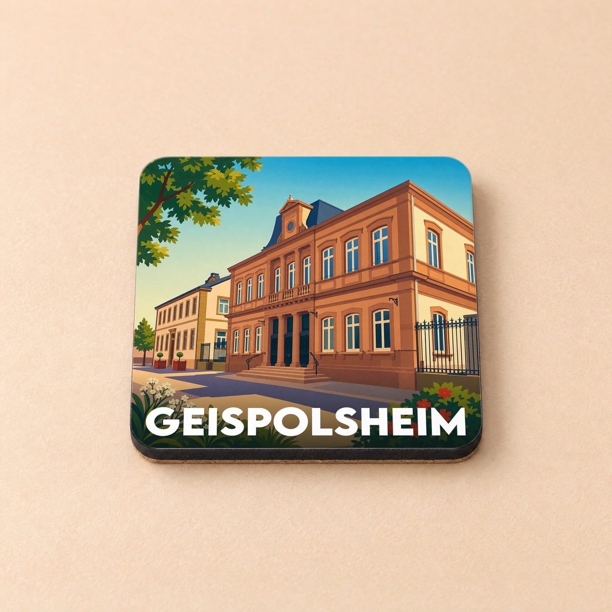 Dessous de verre souvenir de la ville de Geispolsheim avec une illustration stylisée de son architecture.