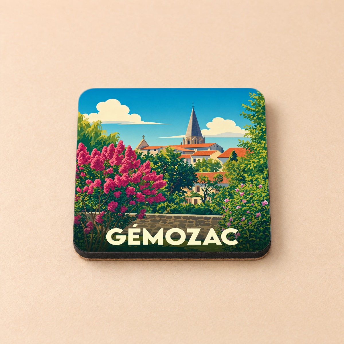 Dessous de verre souvenir de la ville de Gémozac avec une illustration stylisée d'un clocher et de fleurs.