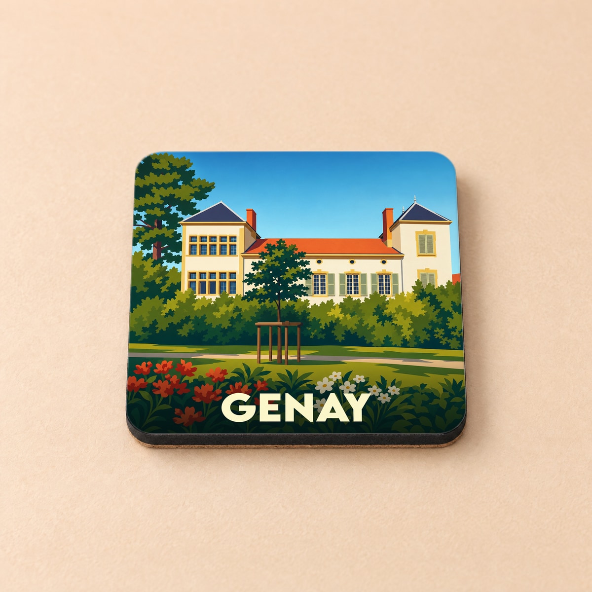 Dessous de verre souvenir de la ville de Genay avec une illustration stylisée d'une demeure bourgeoise et son jardin.