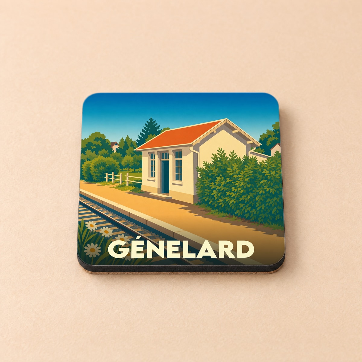 Dessous de verre souvenir de la ville de Génelard avec une illustration stylisée de sa gare.