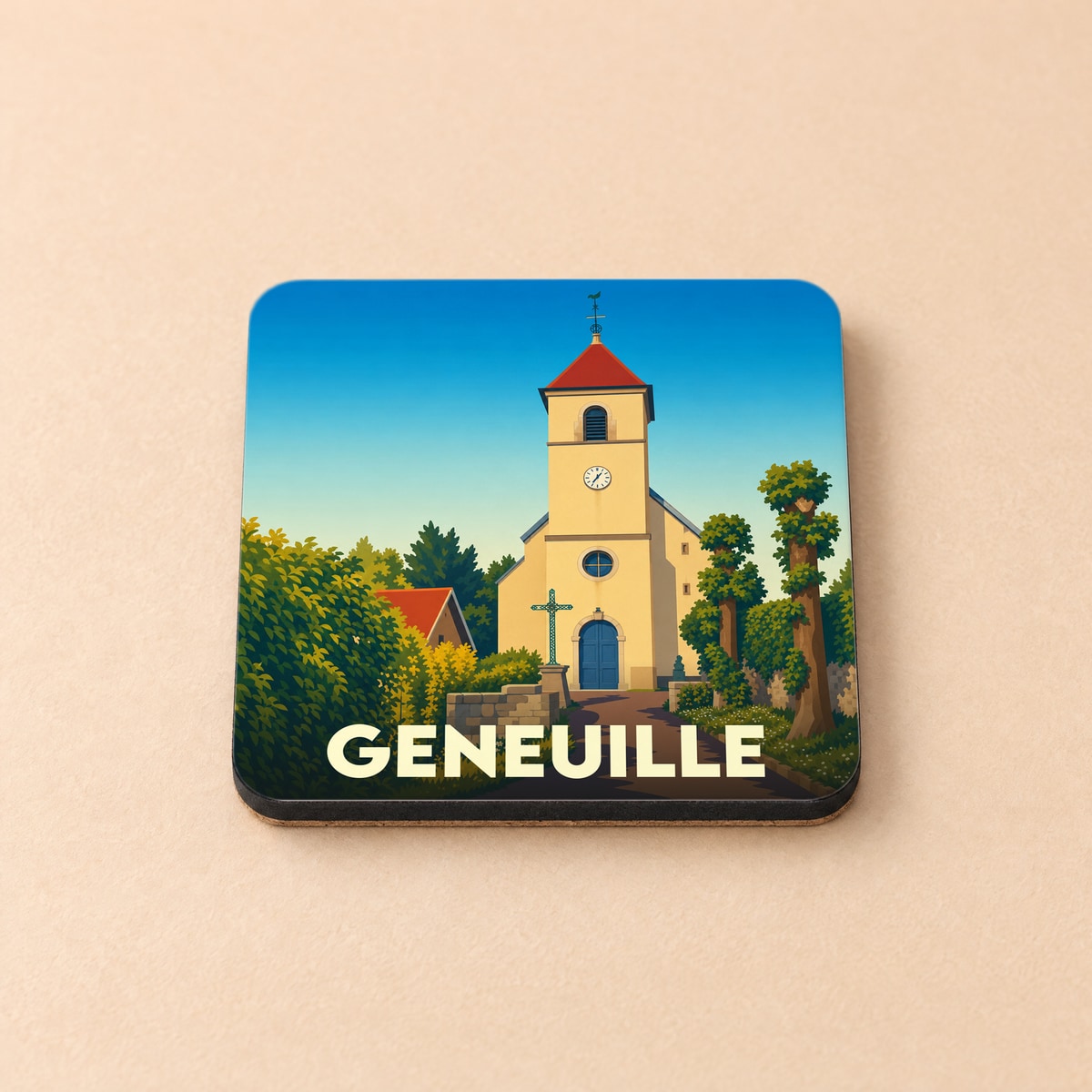 Dessous de verre souvenir de la ville de Geneuille avec une illustration stylisée de son église.
