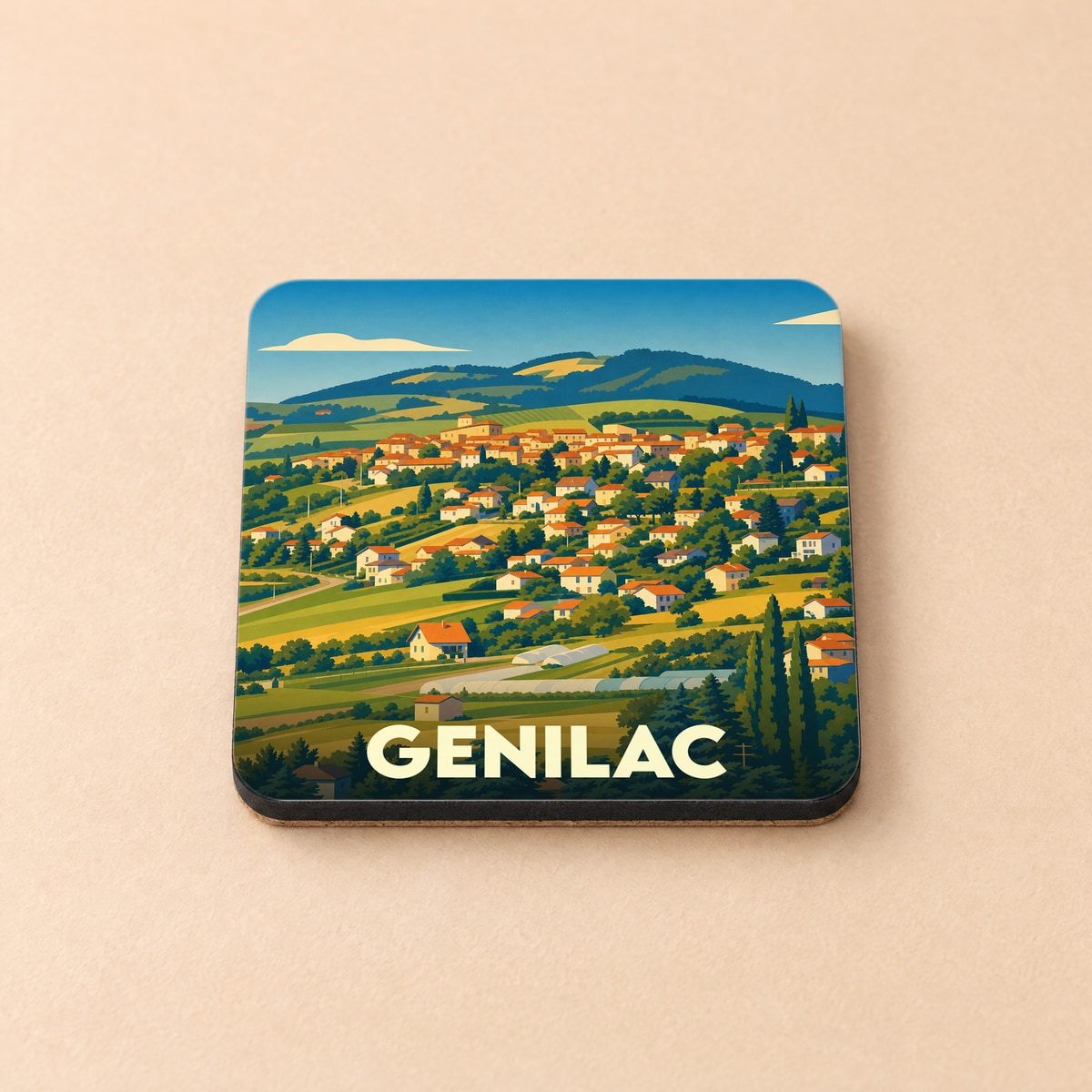 Dessous de verre souvenir de la ville de Genilac illustré par un paysage vallonné et coloré.