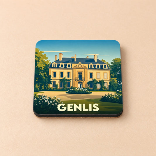 Dessous de verre souvenir de la ville de Genlis avec une illustration stylisée de son château.