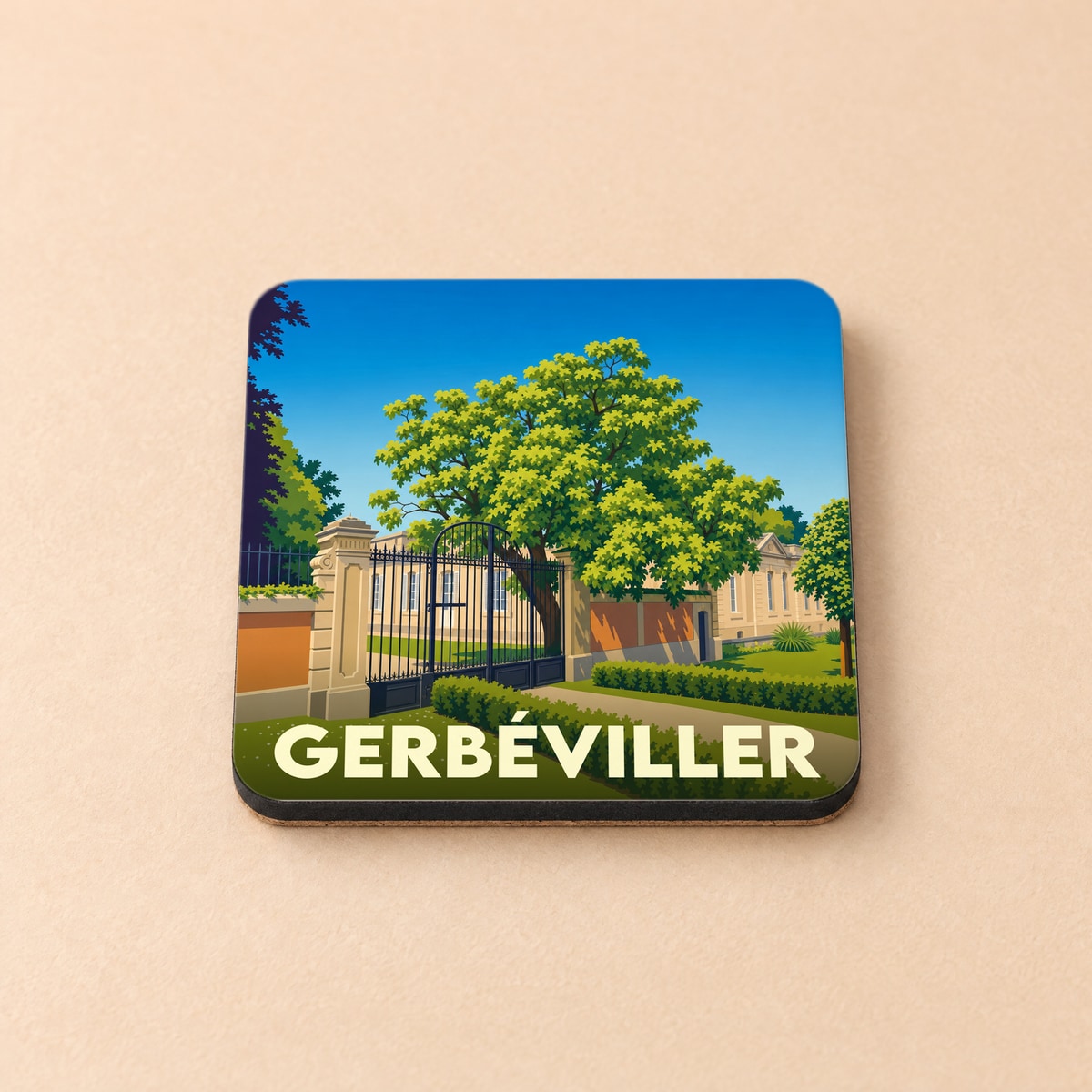Dessous de verre souvenir de la ville de Gerbéviller avec une illustration stylisée d'un parc arboré.