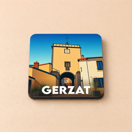 Dessous de verre souvenir de la ville de Gerzat illustrant sa porte fortifiée avec horloge dans un style graphique épuré.