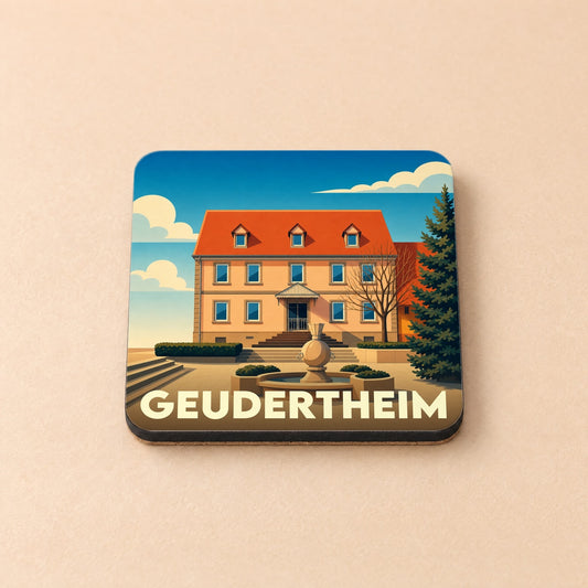 Dessous de verre souvenir de la ville de Geudertheim avec une illustration stylisée de sa mairie et d'une fontaine.