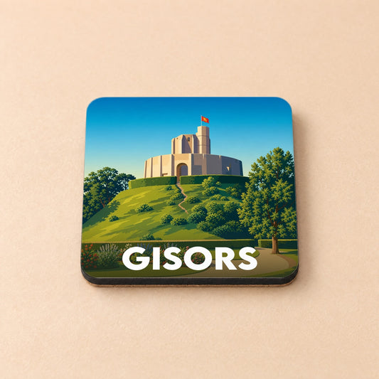 Dessous de verre souvenir de la ville de Gisors avec une illustration stylisée de son château.