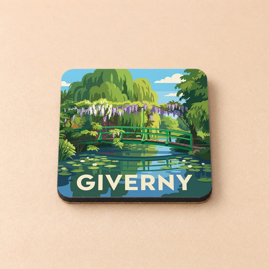 Dessous de verre souvenir de la ville de Giverny avec une illustration stylisée du pont japonais de Monet.