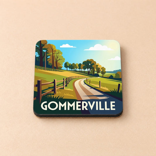 Dessous de verre souvenir de la ville de Gommerville avec une illustration champêtre stylisée.