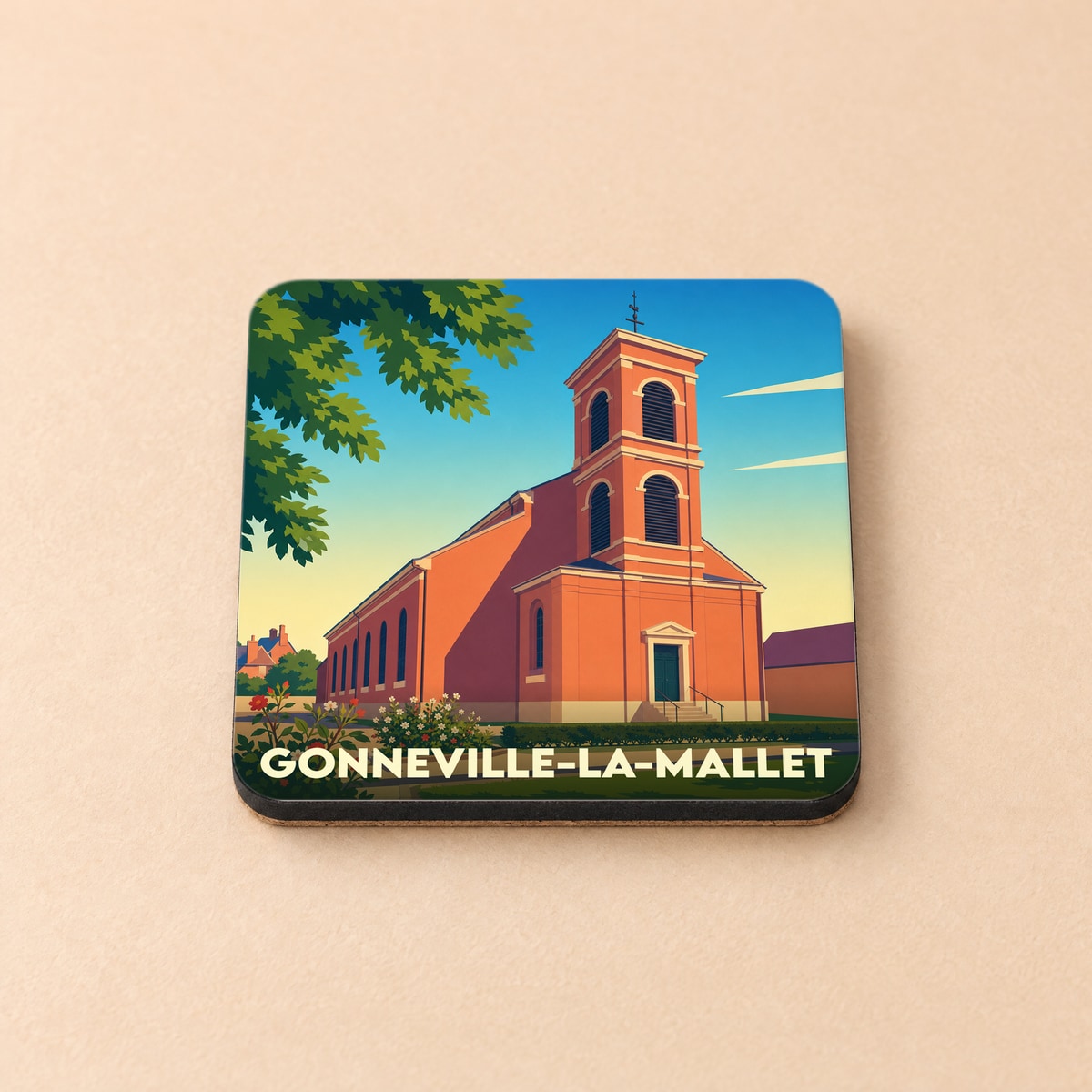 Dessous de verre souvenir de la ville de Gonneville-la-Mallet avec une illustration stylisée de son église.