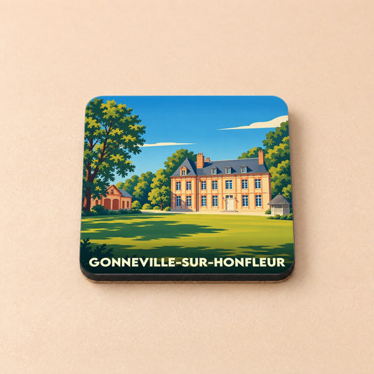 Dessous de verre souvenir de la ville de Gonneville-sur-Honfleur avec une illustration stylisée.