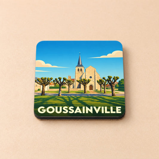 Dessous de verre souvenir de la ville de Goussainville avec une illustration stylisée d'une église et de platanes.