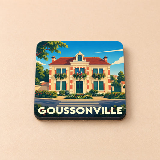 Dessous de verre souvenir de la ville de Goussonville avec une illustration stylisée d'un bâtiment typique.