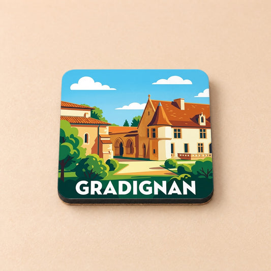 Dessous de verre souvenir de la ville de Gradignan orné d'une illustration stylisée de son patrimoine architectural.