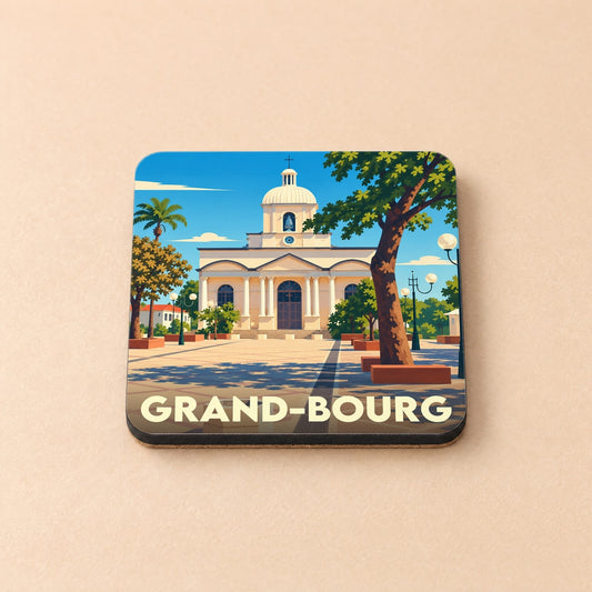 Dessous de verre souvenir de la ville de Grand-Bourg avec une illustration stylisée d'une église et d'une place ensoleillée.