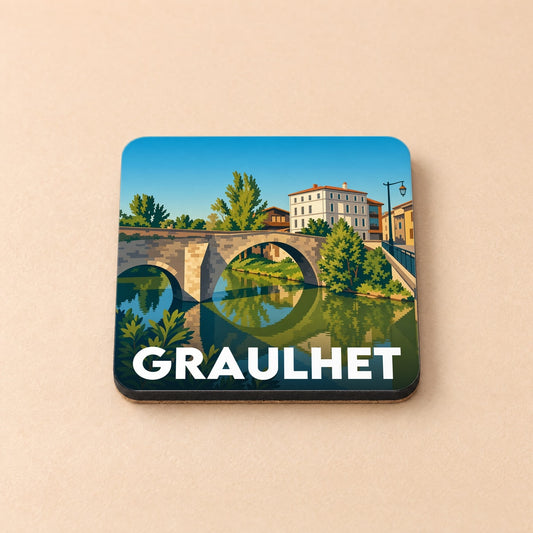 Dessous de verre souvenir de la ville de Graulhet avec une illustration stylisée d'un pont en pierre.