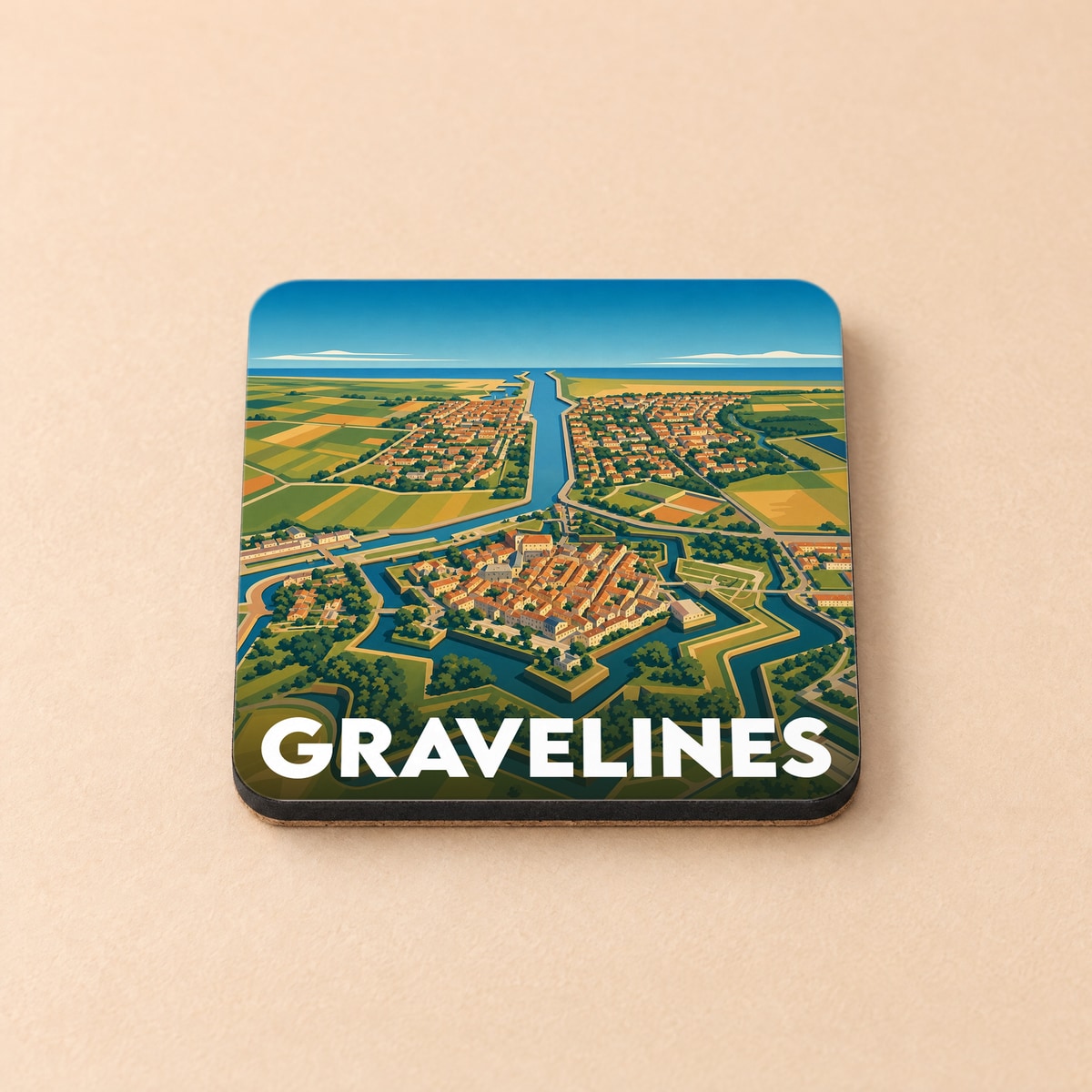 Dessous de verre souvenir de la ville de Gravelines avec une illustration stylisée d'une citadelle fortifiée entourée de canaux.