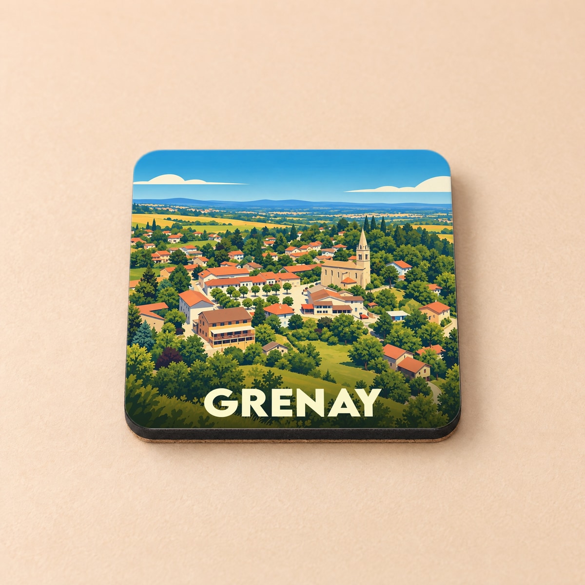 Dessous de verre souvenir de la ville de Grenay avec une illustration stylisée d'un village pittoresque niché dans la verdure.