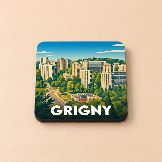Dessous de verre souvenir de la ville de Grigny avec une illustration stylisée de ses immeubles entourés de verdure.