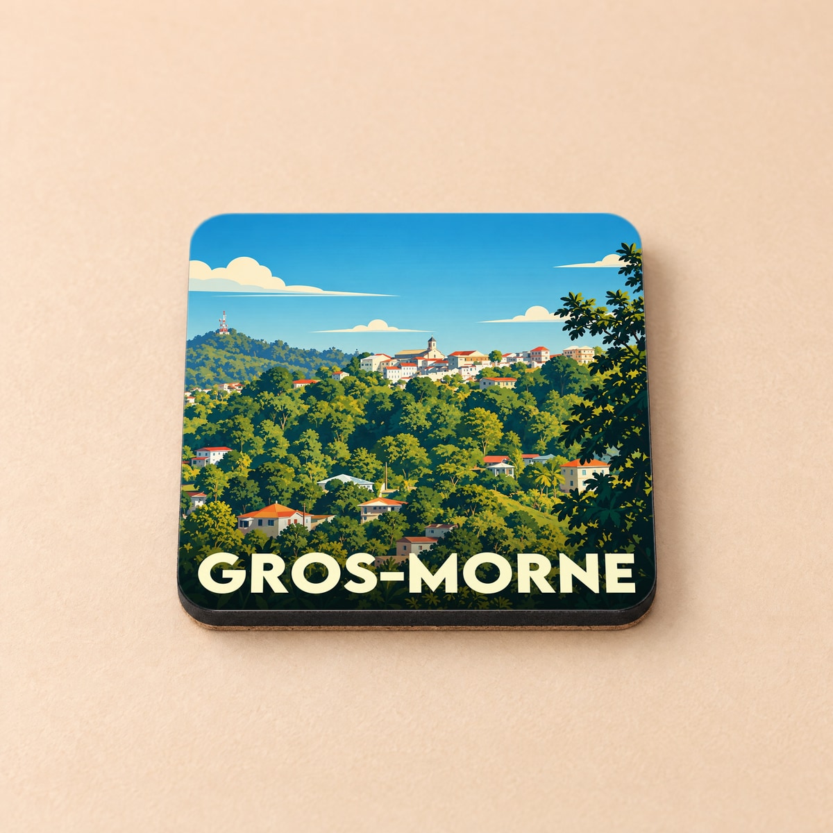 Dessous de verre souvenir de la ville de Gros-Morne avec une illustration stylisée de son paysage vallonné.
