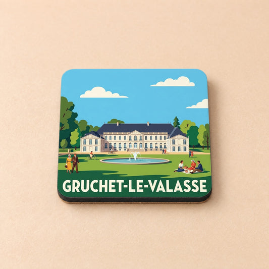 Dessous de verre souvenir de la ville de Gruchet-le-Valasse avec une illustration stylisée d'un château et son parc.