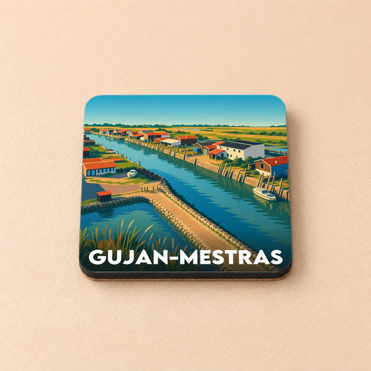 Dessous de verre souvenir de la ville de Gujan-Mestras avec une illustration stylisée de ses ports ostréicoles.