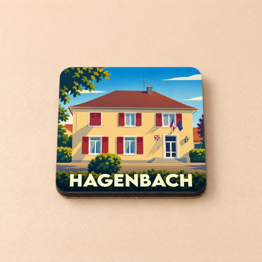 Dessous de verre souvenir de la ville de Hagenbach avec une illustration stylisée de sa mairie.