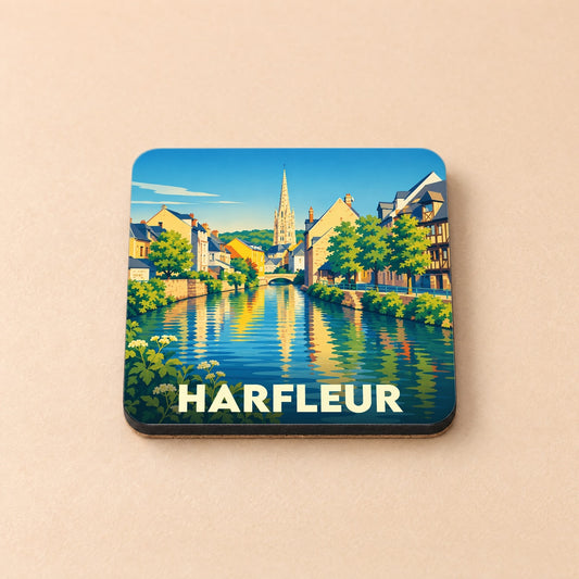 Dessous de verre souvenir de la ville de Harfleur avec une illustration stylisée.