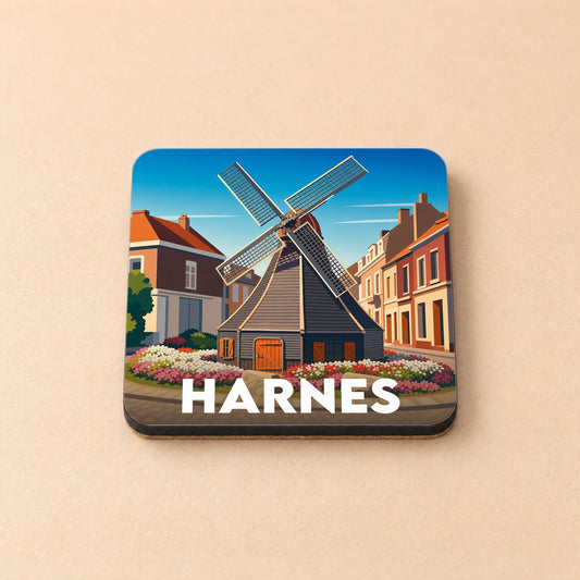 Dessous de verre souvenir de la ville de Harnes avec une illustration stylisée d'un moulin.