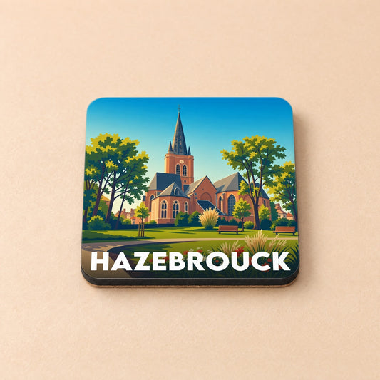 Dessous de verre souvenir de la ville de Hazebrouck avec une illustration stylisée de son église et d'un parc.