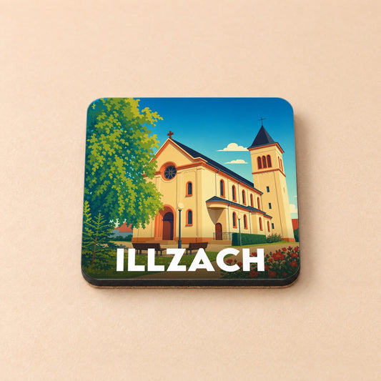 Dessous de verre souvenir de la ville d'Illzach avec une illustration stylisée de son église.
