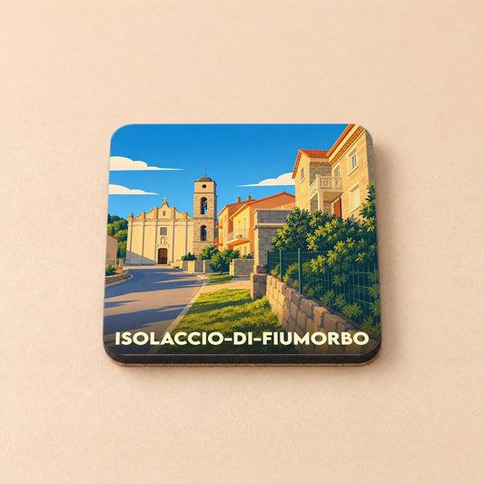 Dessous de verre souvenir de la ville de Isolaccio-di-Fiumorbo avec une illustration stylisée d'un village corse.