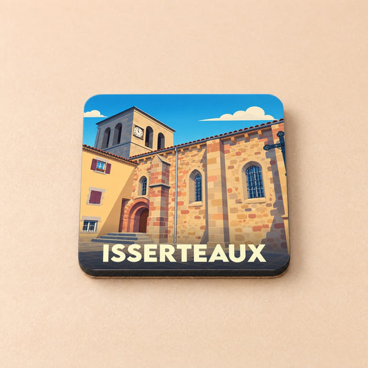 Dessous de verre souvenir de la ville d'Isserteaux avec une illustration stylisée de son église.