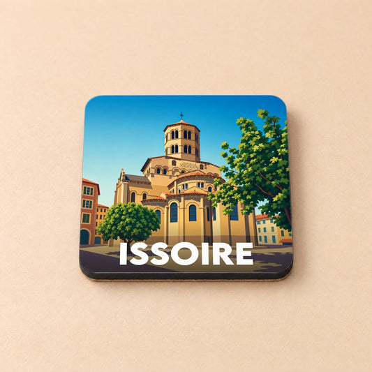Dessous de verre souvenir de la ville d'Issoire avec une illustration stylisée de son église romane.